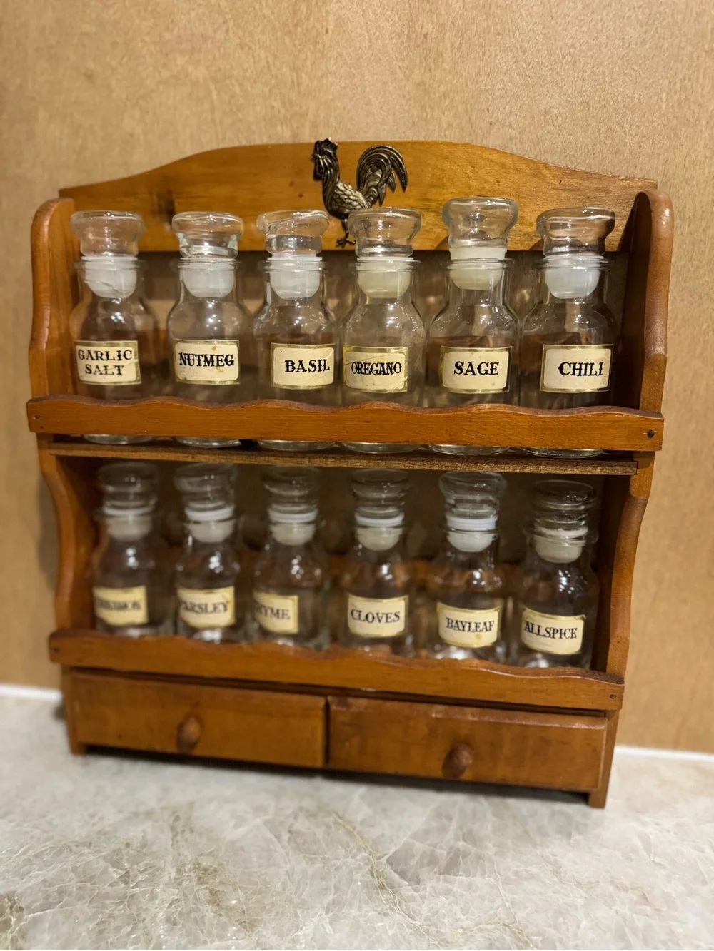 Vintage Wooden Spice Rack with Glass Jars - Brown